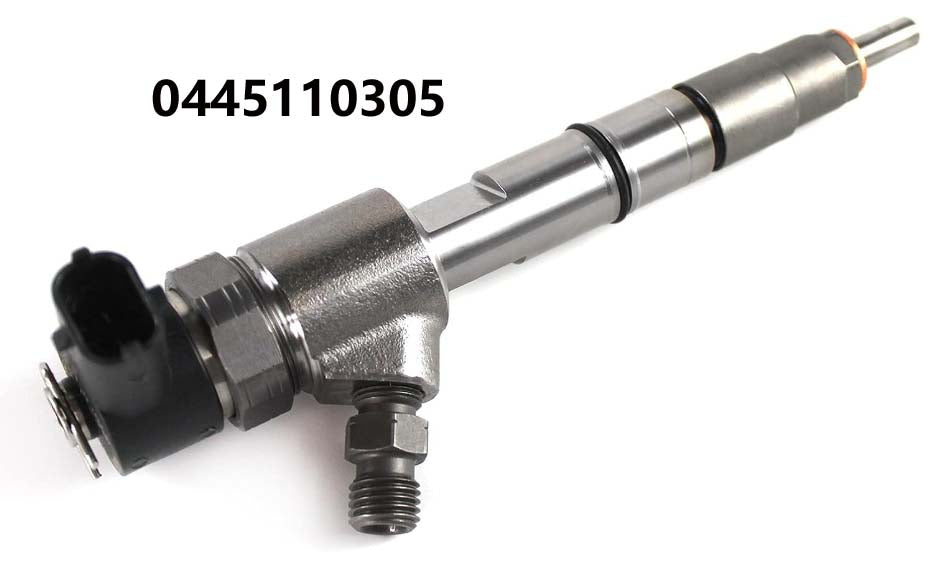 Common rail injector 110 series 0445110305, silver injector with black cap and outlet