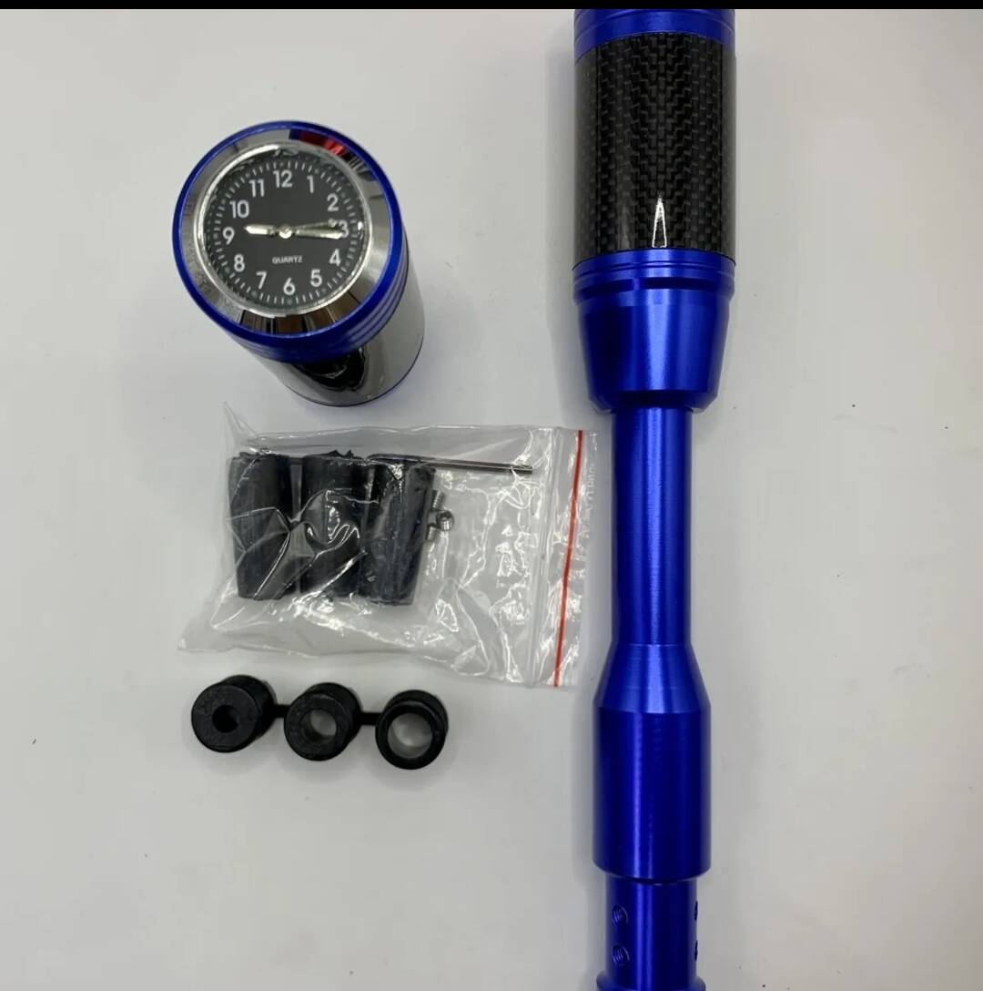 Blue shift knob lengthener with clock gauge and mounting components, carbon-fiber grip