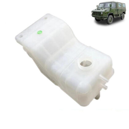 Expansion tank for vehicle cooling system, translucent white plastic reservoir with filler hole