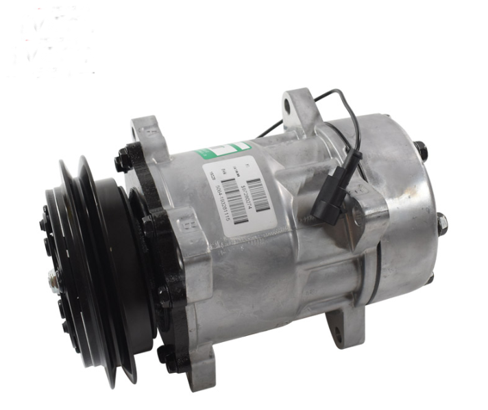 Air conditioning compressor with black pulley and silver aluminum housing.