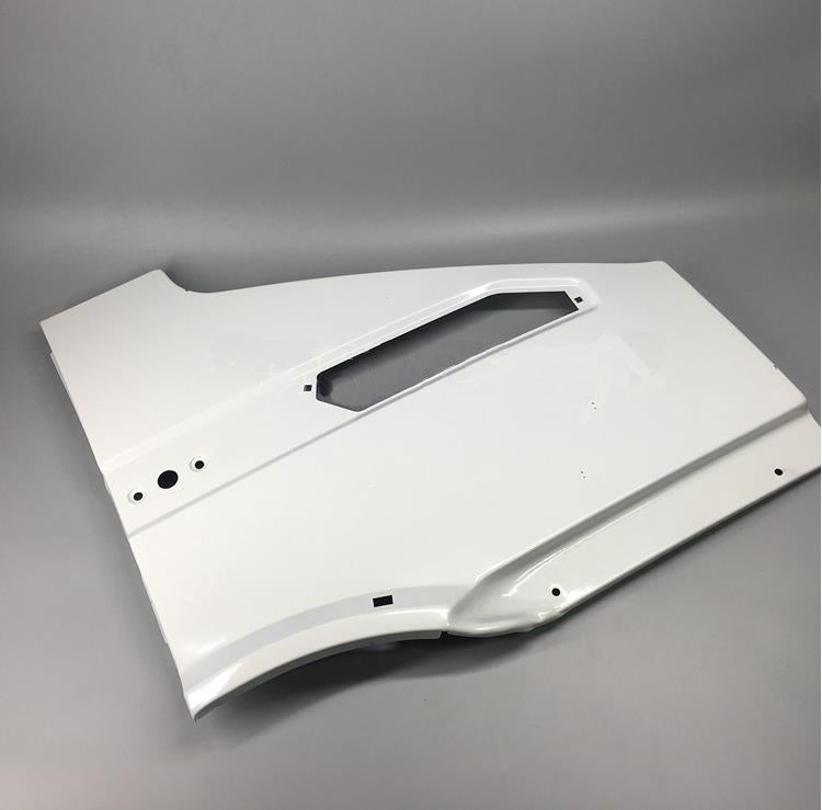 White front fender outer panel with side cutout and mounting holes