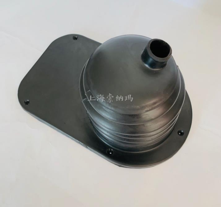 Gear lever cover assembly with dark rubber boot and mounting base, inlet tube
