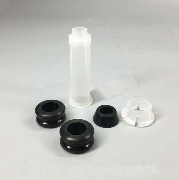 Gear lever repair kit with white plastic sleeve, black rubber boots, clear clip retainer