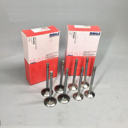 Engine intake and exhaust valve set with four metal stems and heads, in red boxes.