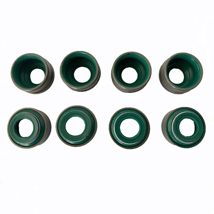 Valve oil seal set showing green rubber O-rings and dark inner openings in rows