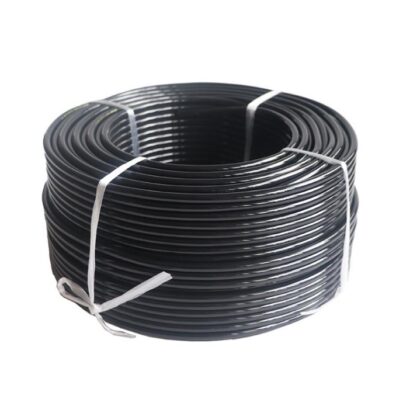 Black air compressor hose, PU tube coiled on a spool with white binding ties