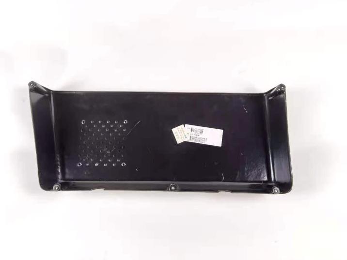 Black front door file box tray with perforated insert panel and white barcode sticker