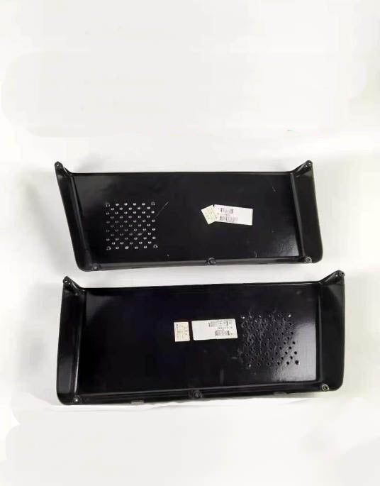 Black front door file box insert, two open trays showing perforations and barcode labels
