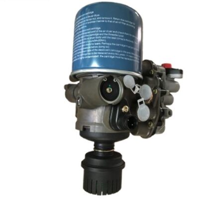 Truck air dryer with valve: blue cylindrical canister and metal air-line fittings