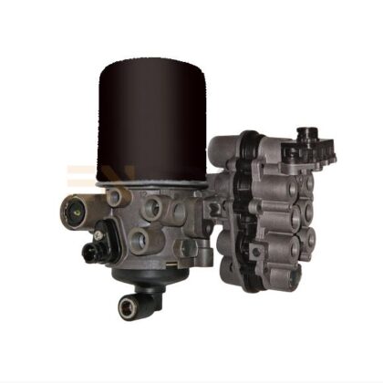 Air dryer assembly for truck with dark black cylinder and silver metal fittings