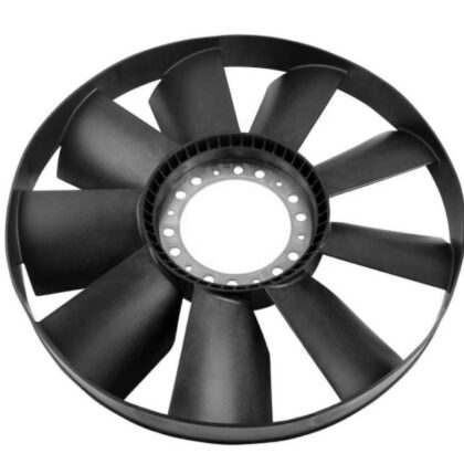 Black truck fan blade wheel with 10 radial blades and circular bolt-hole hub