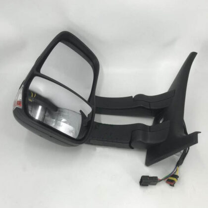 Black rearview mirror assembly with housing, glass, and wiring connector