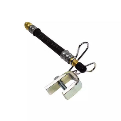 Valve extension hose with black hose, gold fittings, and metal clamp bracket