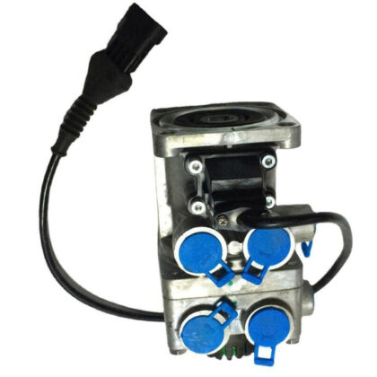 Brake valve with metal body, blue ports, and attached electrical cable