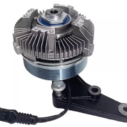 Radiator fan clutch with metal housing, belt pulley, and black bracket with sensor wire