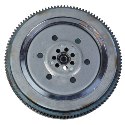 Dual mass flywheel with toothed ring gear, dark steel housing and center bolt pattern
