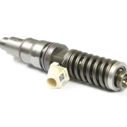 Diesel fuel injector with metal body, coil spring, and beige electrical connector