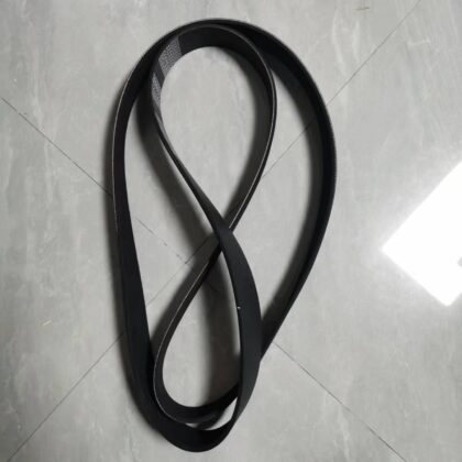 Black fan belt with V-groove for truck engine, looped on display
