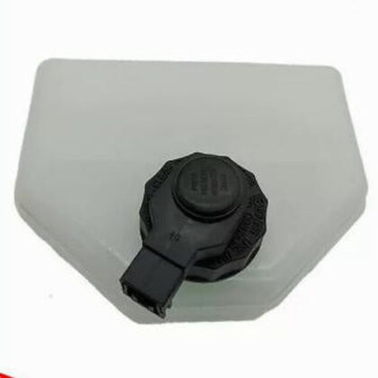 Brake fluid reservoir with black filler cap, rectangular translucent tank