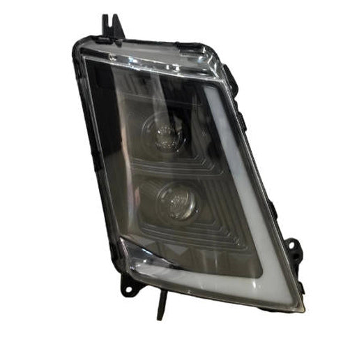 LED headlight assembly with clear lens and black housing, angled front view, mounting tabs