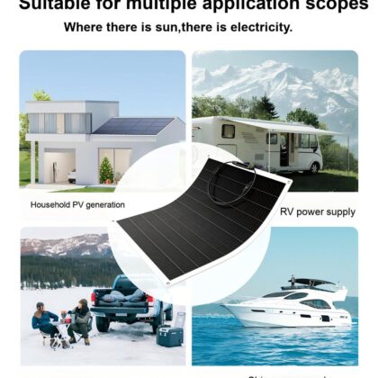 Flexible black solar panel laid flat with curved metal mounting eyelets