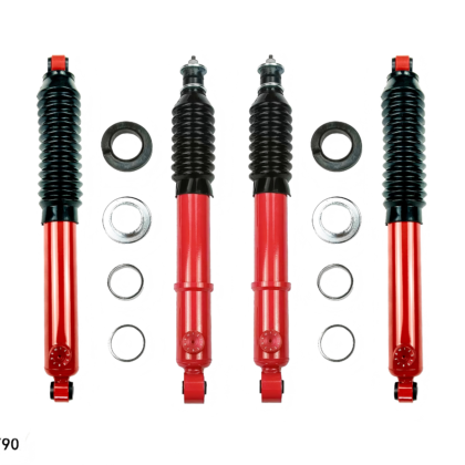 Adjustable shock absorber set with red shock bodies, black coil springs, mounting washers