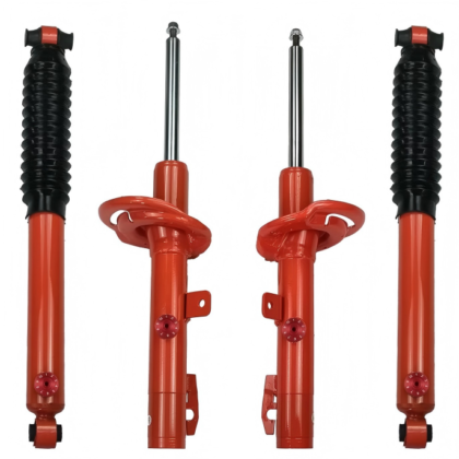 Set of four red adjustable shock absorbers with black coil springs and mounting brackets