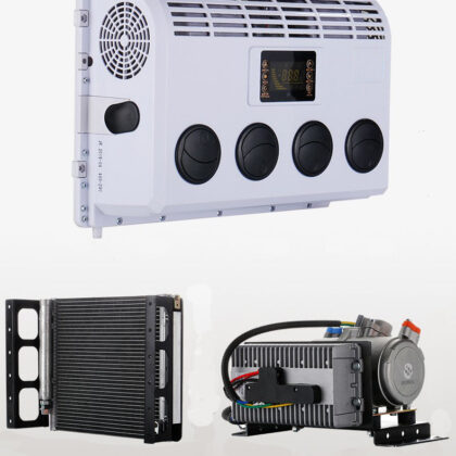 RV electric air conditioner system components with white control box, fan, and hoses