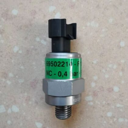 Water pressure sensor with green label, gray body, black connector, and threaded outlet