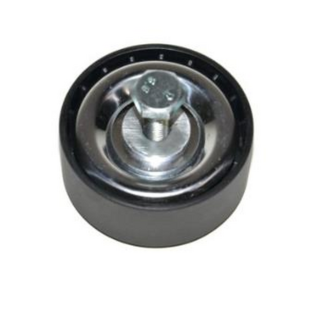 Alternator belt tensioner pulley with black rubber rim and silver metal wheel