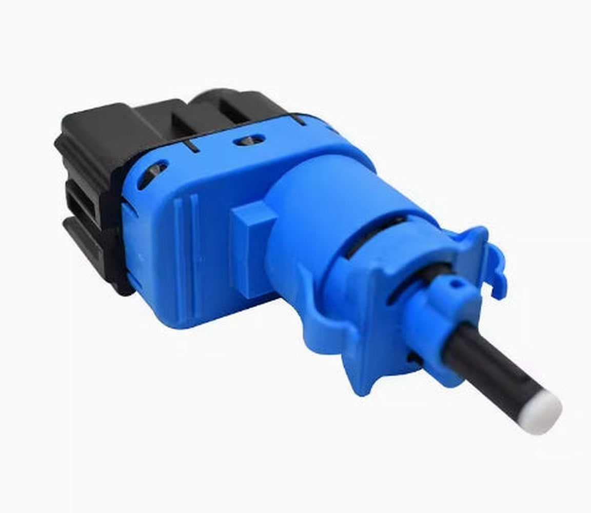Brake light switch assembly, blue body with black connector and white wire