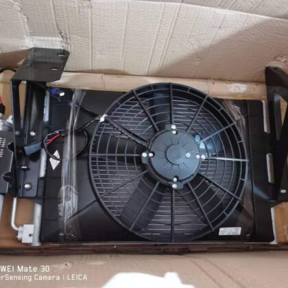 Heating/cooling air conditioning kit condenser fan with protective housing and wiring