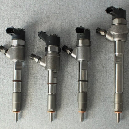 Set of Bosch common rail injectors with metal bodies, black connectors, and nozzles