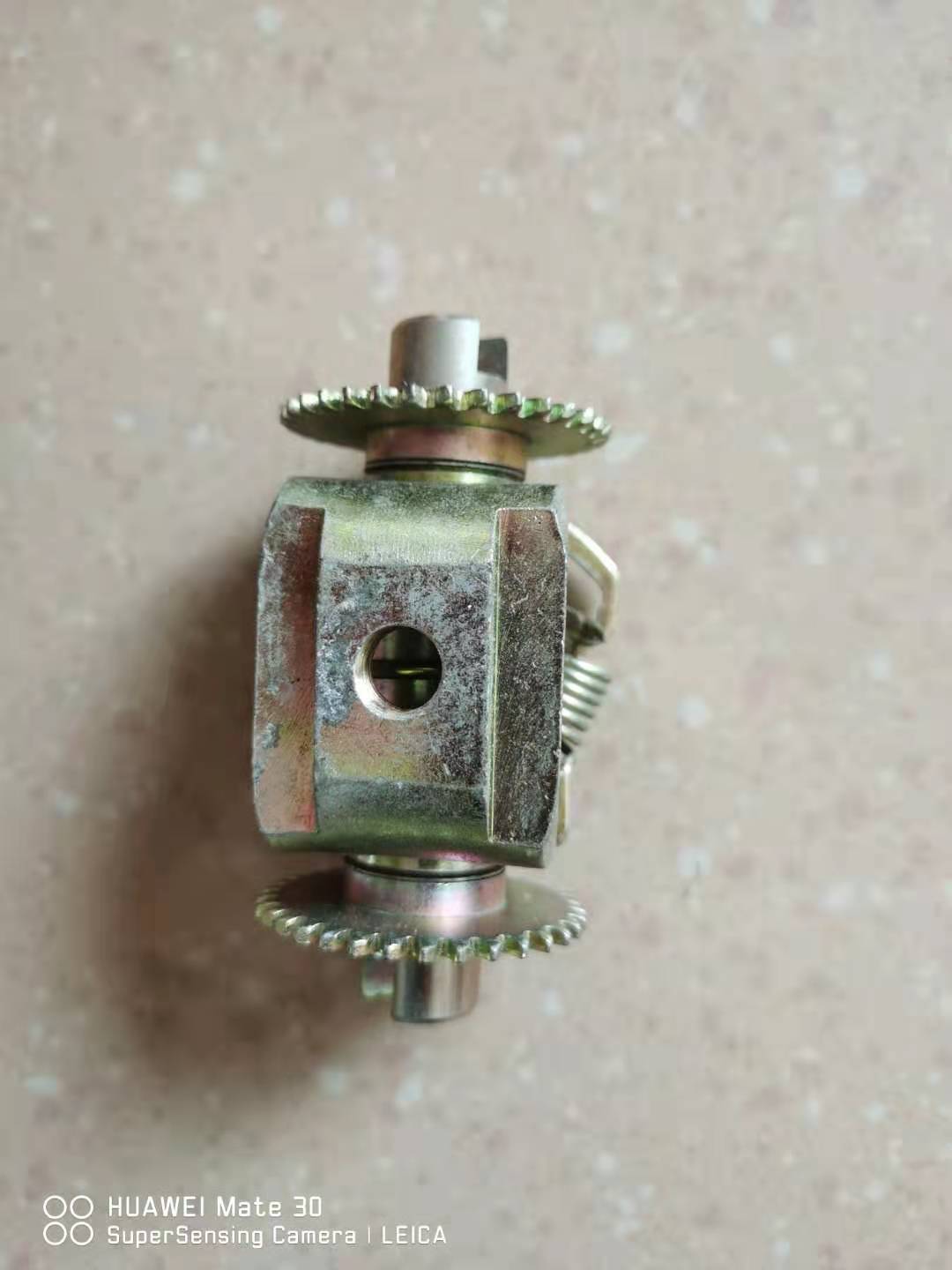 Rear brake adjusting assembly with metal housing, central pin, and toothed edges