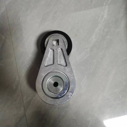 Fan belt tensioner: metal bracket with idler pulley and mounting bolt hole