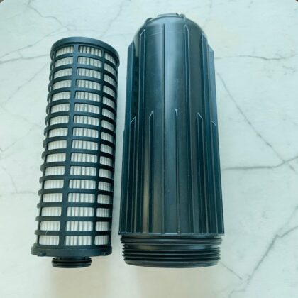 Oil filter cartridge, dark green ribbed housing with threaded base and mesh end