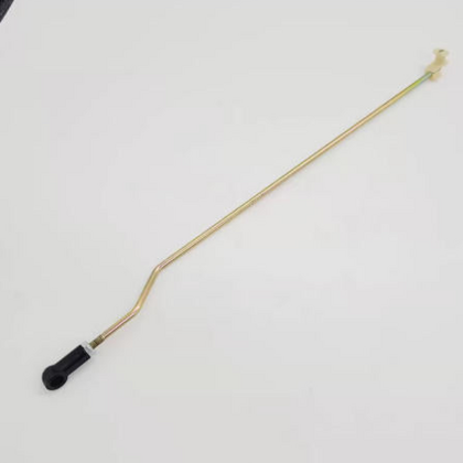 Door pull rod joint with black grommet and yellow-tipped metal rod