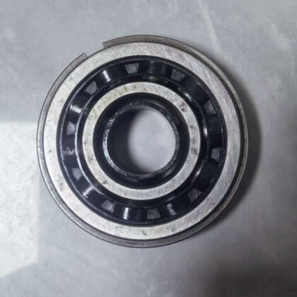Shaft support bearing with black and silver metal rings and roller elements