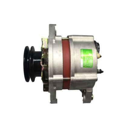 Automotive alternator with silver housing, red stripe, and black pulley on side