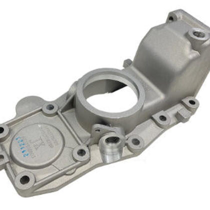 Gearbox rear cover with circular opening and mounting holes, light gray metal