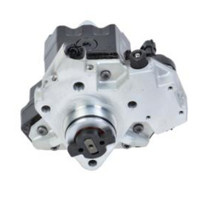 Metal injection pump with side ports and circular mounting flange, silver with black top