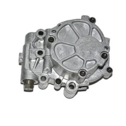 Oil pump vacuum pump housing with mounting bolts and circular cover, light gray metal