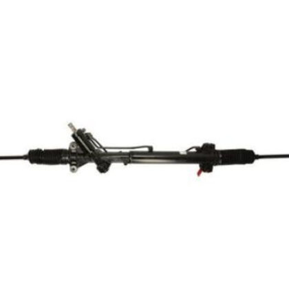 Steering gear rack with black tie rods and long metal shaft, side view