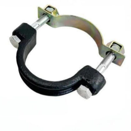 Steering wheel clamp assembly with black rubber strap and two metal bolt brackets