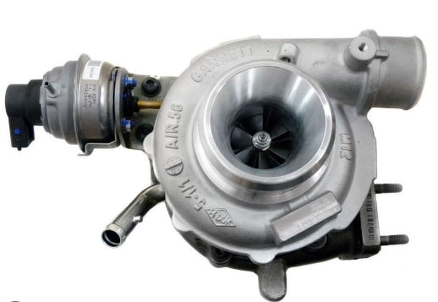 Turbocharger with silver housing and compact inlet/outlet pipe