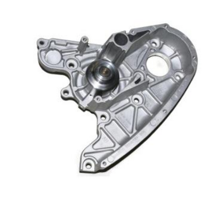 Metal water pump housing with pulley shaft and mounting holes by SUONAMA