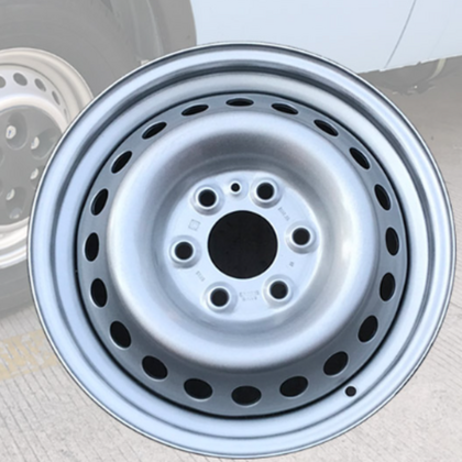 Silver steel wheel rim with circular bolt holes and center hub opening