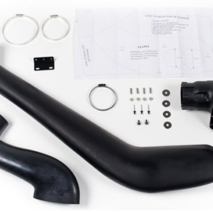 Black air intake snorkel kit parts: intake tube, clamps, bolts, instruction sheet